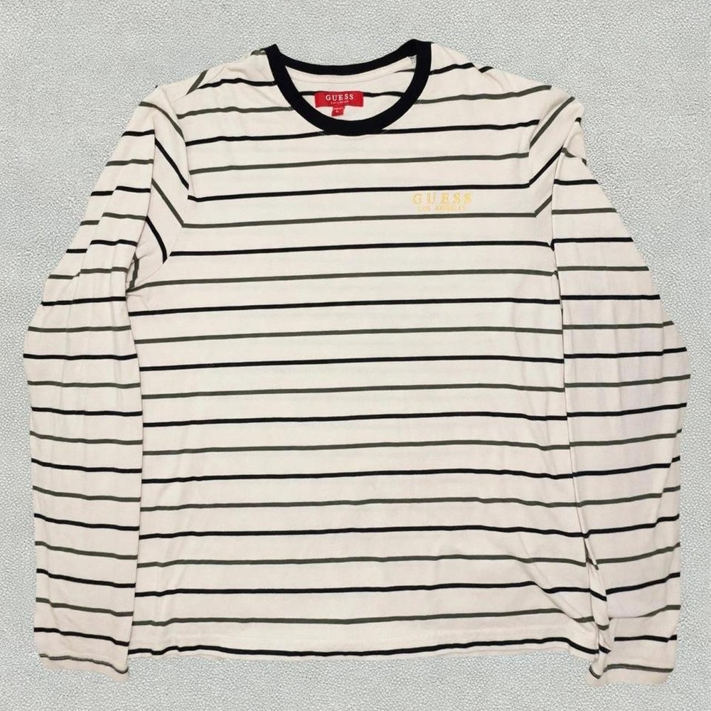 GUESS Los Angeles Mens Striped Long Sleeve Gold Logo Tee Cream Black‎ L